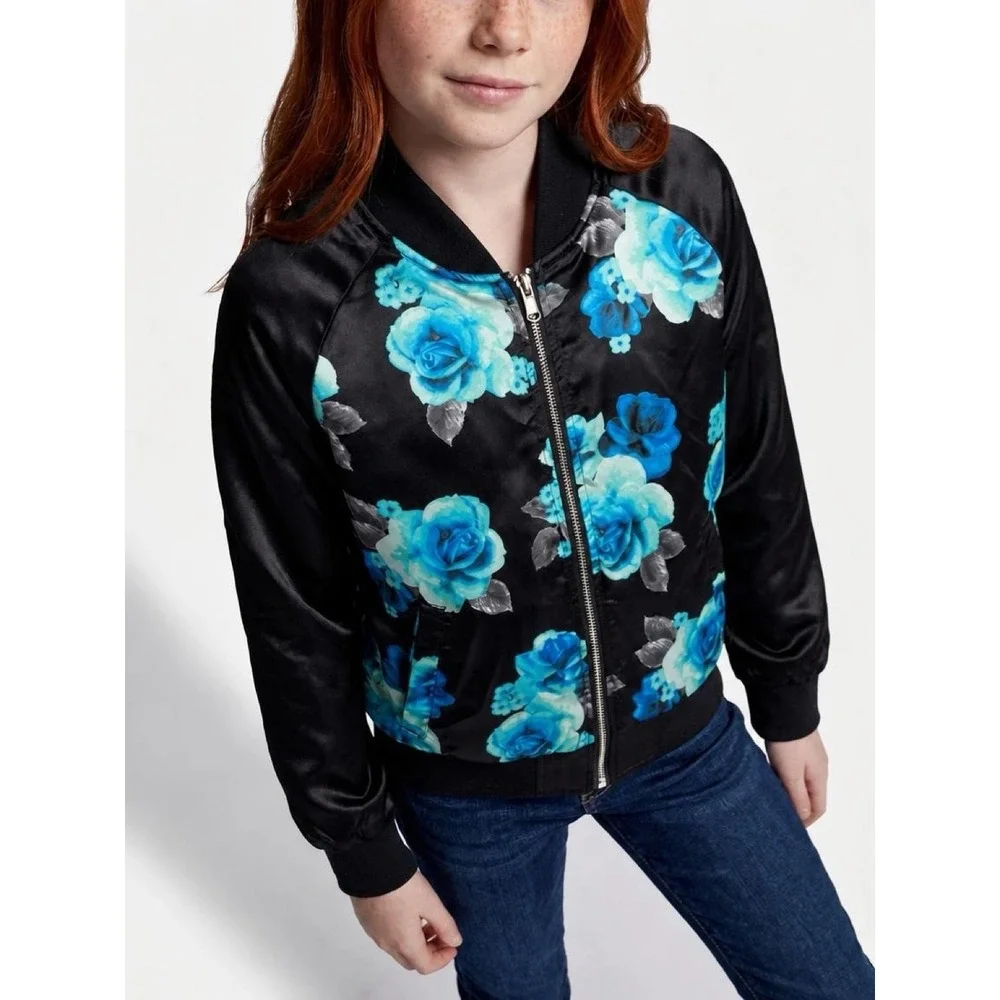 Justice Girls Black Blue Teal Floral Satin Bomber Jacket Size 8/10